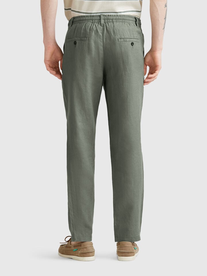 Benetton Trousers In Pure Linen With Drawstring Military Green
