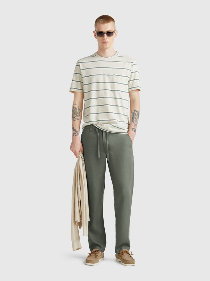 Benetton Trousers In Pure Linen With Drawstring Military Green