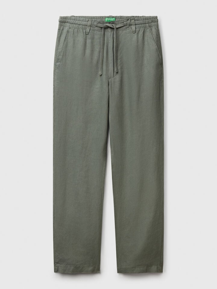 Benetton Trousers In Pure Linen With Drawstring Military Green