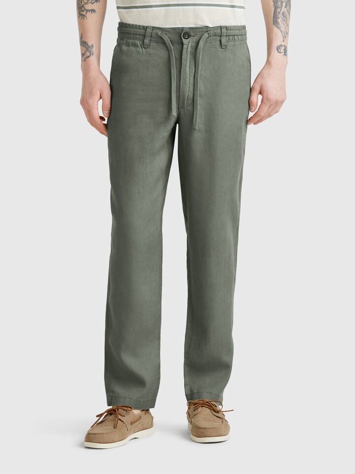 benetton Trousers in pure linen with drawstring Military Green