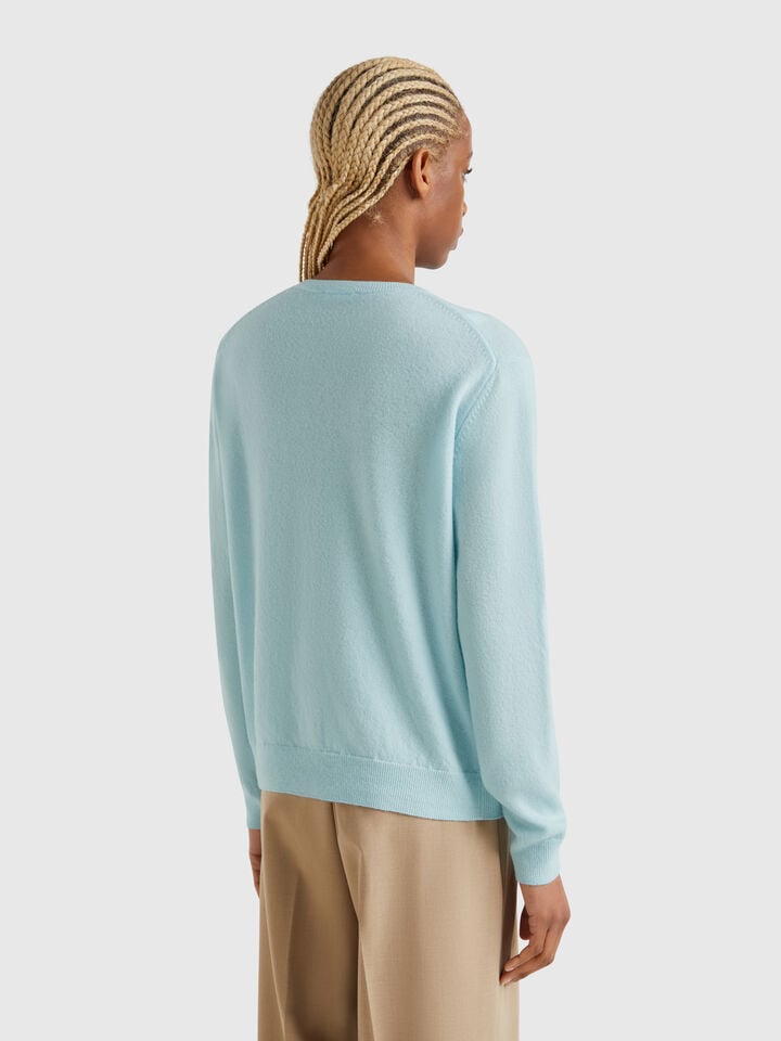 Benetton Turquoise Crew Neck Cardigan In Pure Merino Wool Turquoise