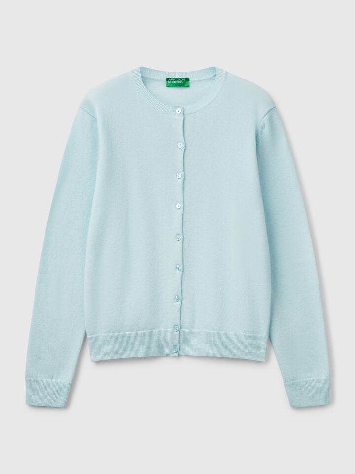 Benetton Turquoise Crew Neck Cardigan In Pure Merino Wool Turquoise