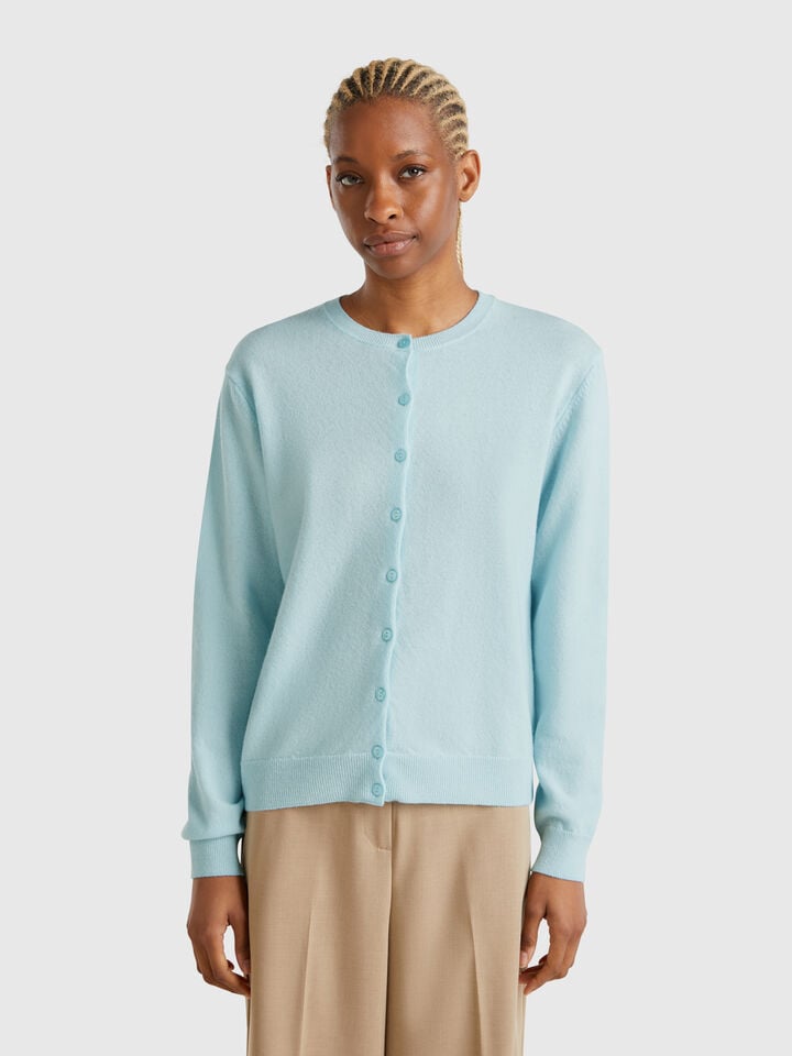 benetton Turquoise crew neck cardigan in pure Merino wool Turquoise