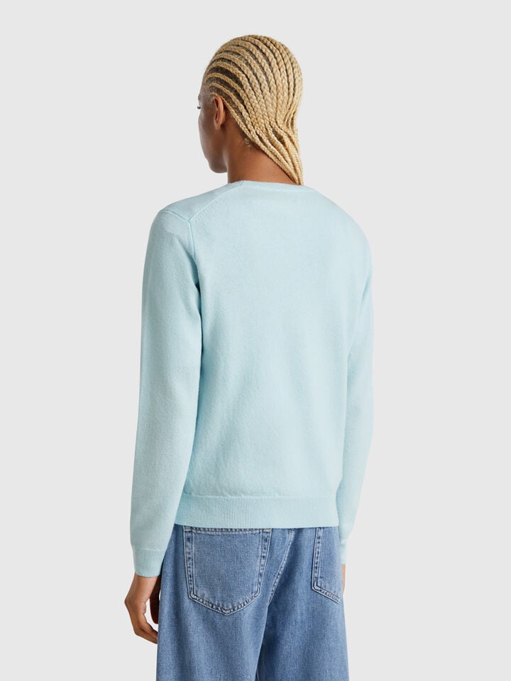 Benetton Turquoise Crew Neck Sweater In Merino Wool Turquoise