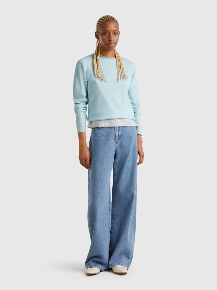 Benetton Turquoise Crew Neck Sweater In Merino Wool Turquoise