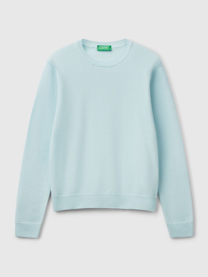 Benetton Turquoise Crew Neck Sweater In Merino Wool Turquoise
