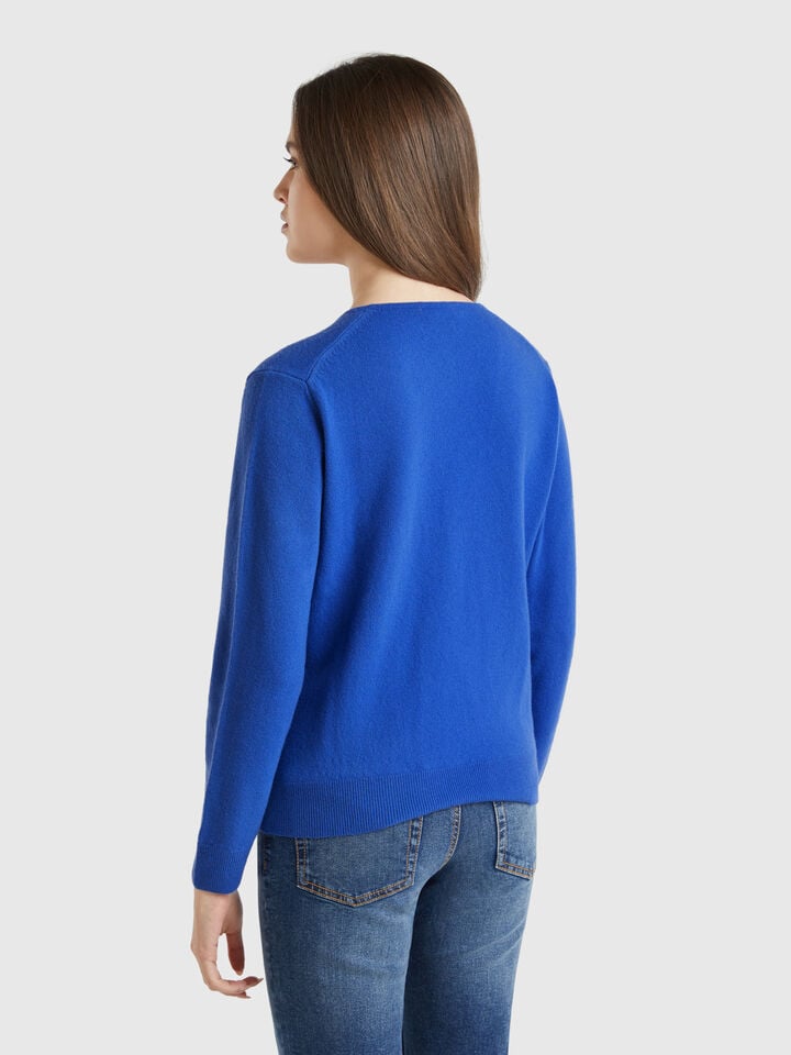 Benetton V-neck Sweater In Pure Merino Wool Bright Blue