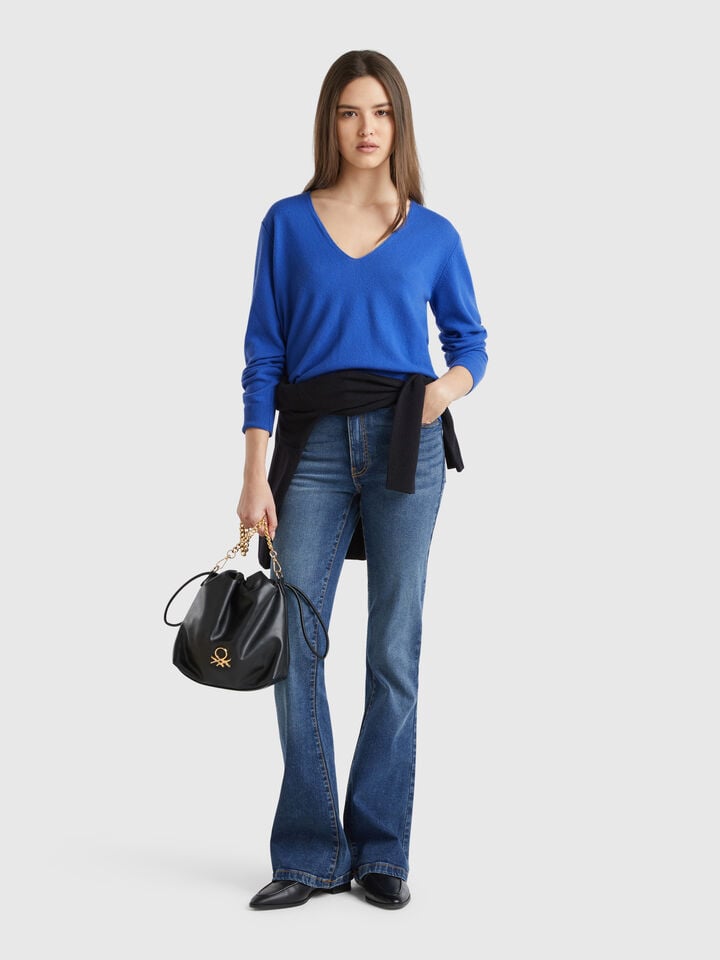 Benetton V-neck Sweater In Pure Merino Wool Bright Blue