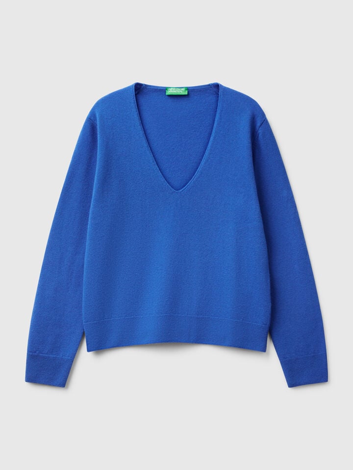 Benetton V-neck Sweater In Pure Merino Wool Bright Blue