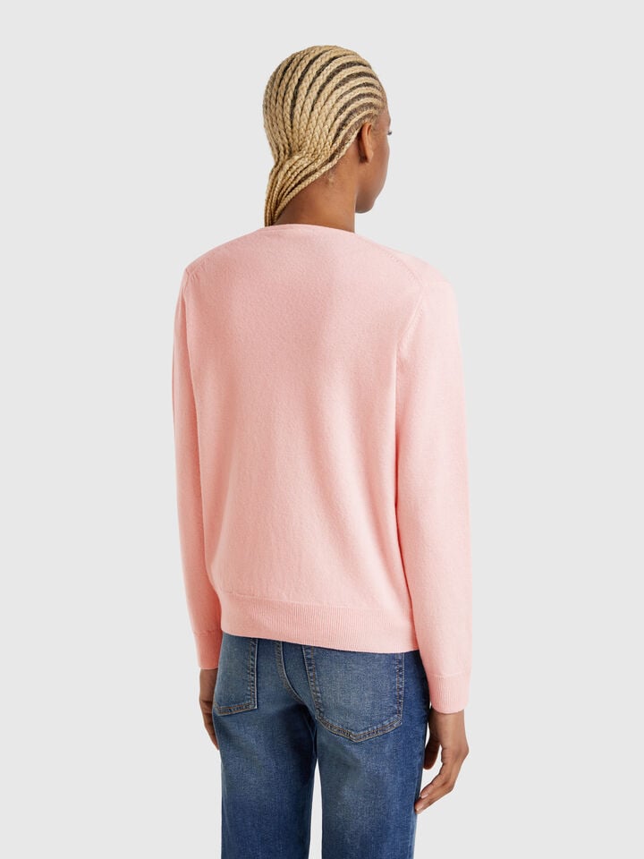 Benetton V-neck Sweater In Pure Merino Wool Soft Pink