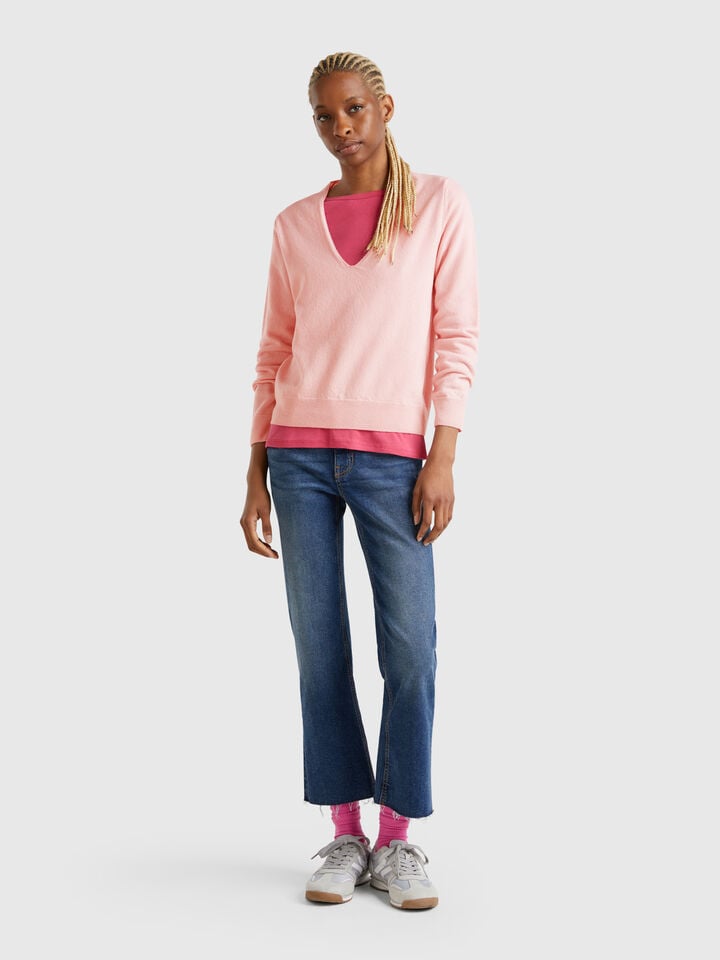 Benetton V-neck Sweater In Pure Merino Wool Soft Pink