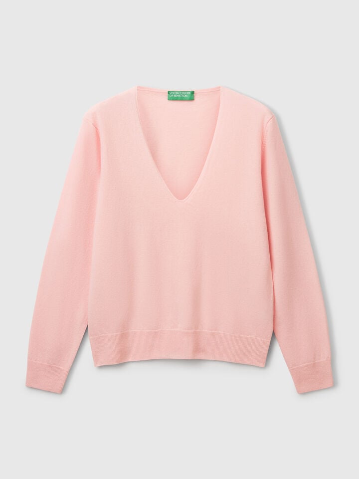Benetton V-neck Sweater In Pure Merino Wool Soft Pink