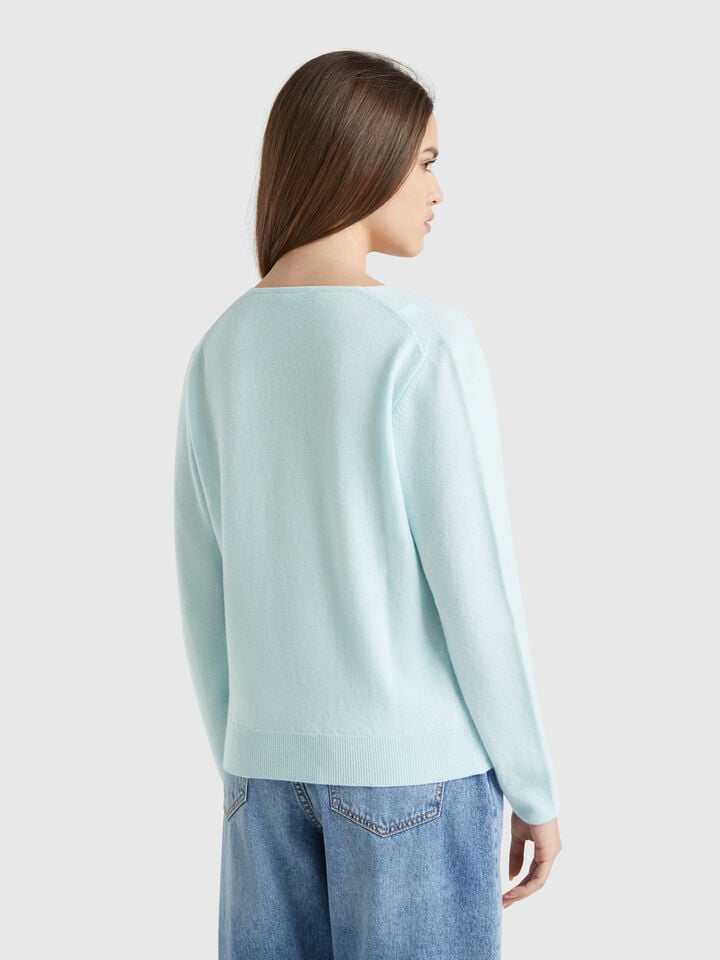 Benetton V-neck Sweater In Pure Merino Wool Turquoise