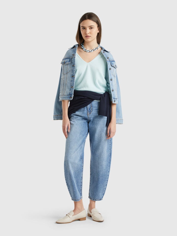 Benetton V-neck Sweater In Pure Merino Wool Turquoise