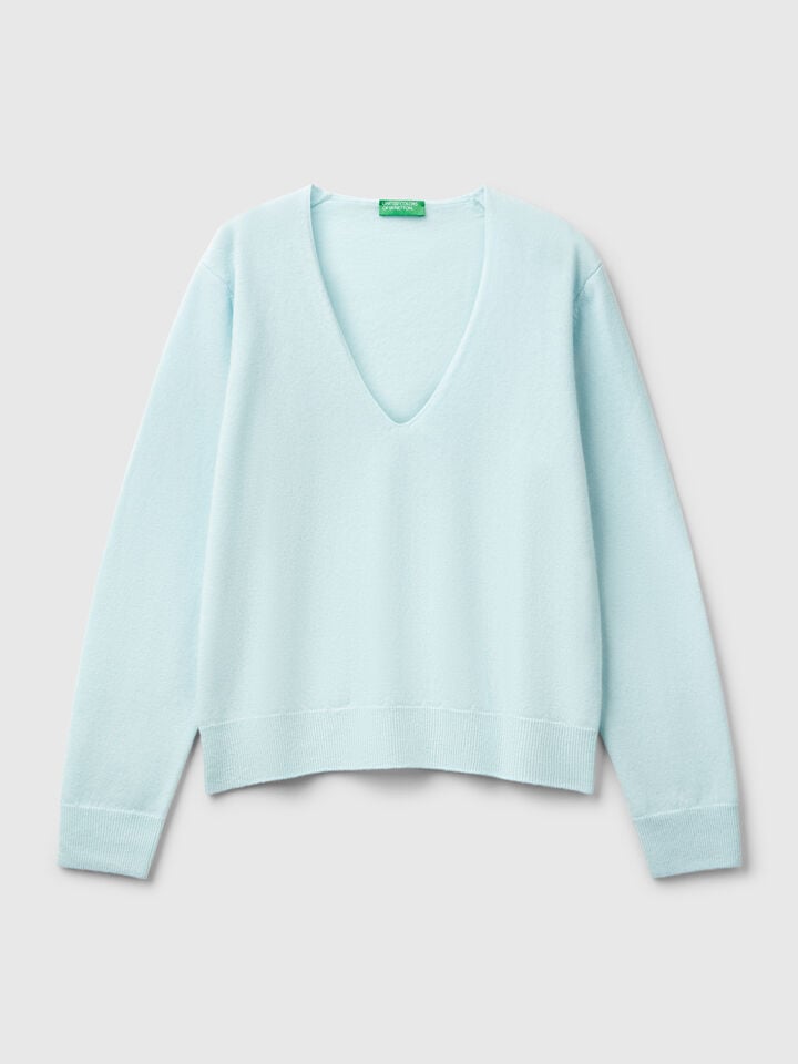 Benetton V-neck Sweater In Pure Merino Wool Turquoise