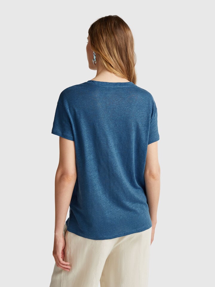 Benetton V-neck T-shirt In Pure Linen Air Force Blue