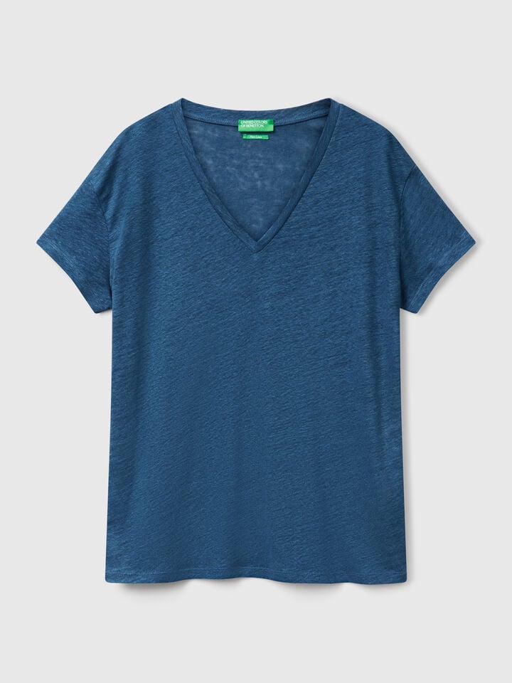 Benetton V-neck T-shirt In Pure Linen Air Force Blue