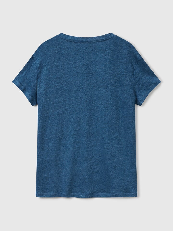 Benetton V-neck T-shirt In Pure Linen Air Force Blue