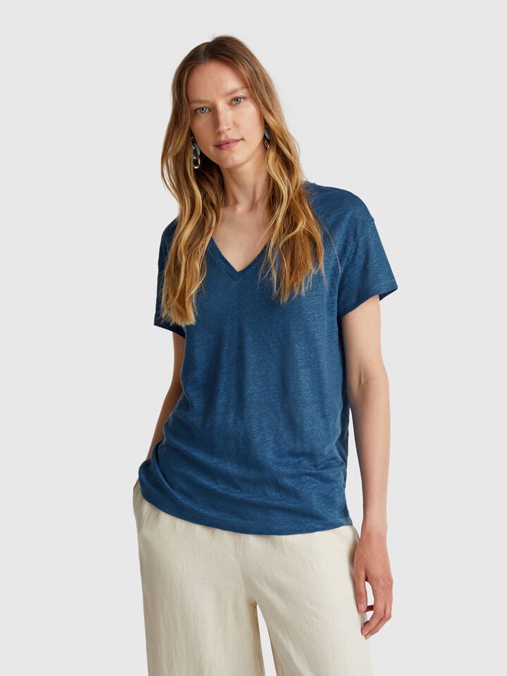 benetton V-neck t-shirt in pure linen Air Force Blue