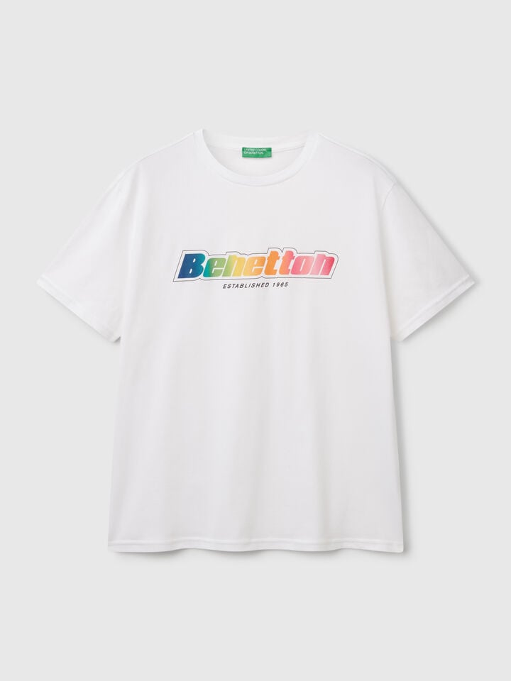 Benetton White Cotton T-shirt With Multicolor Logo White