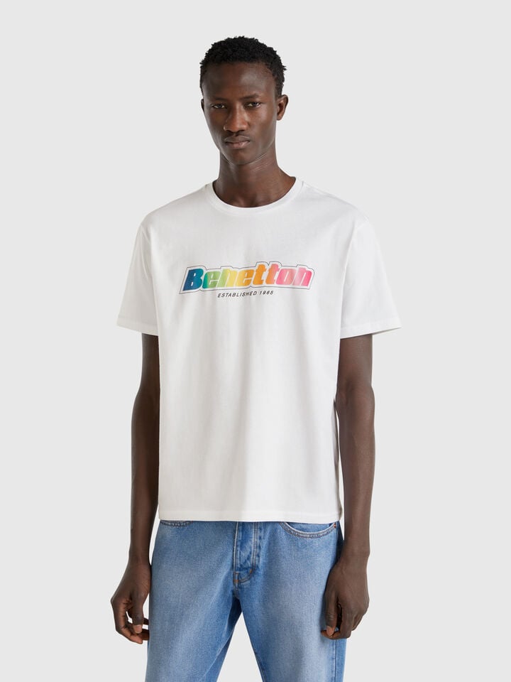 benetton White cotton T-shirt with multicolor logo White