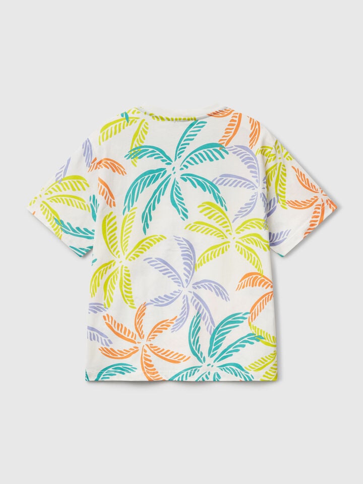 Benetton White T-shirt With Tropical Print Creamy White