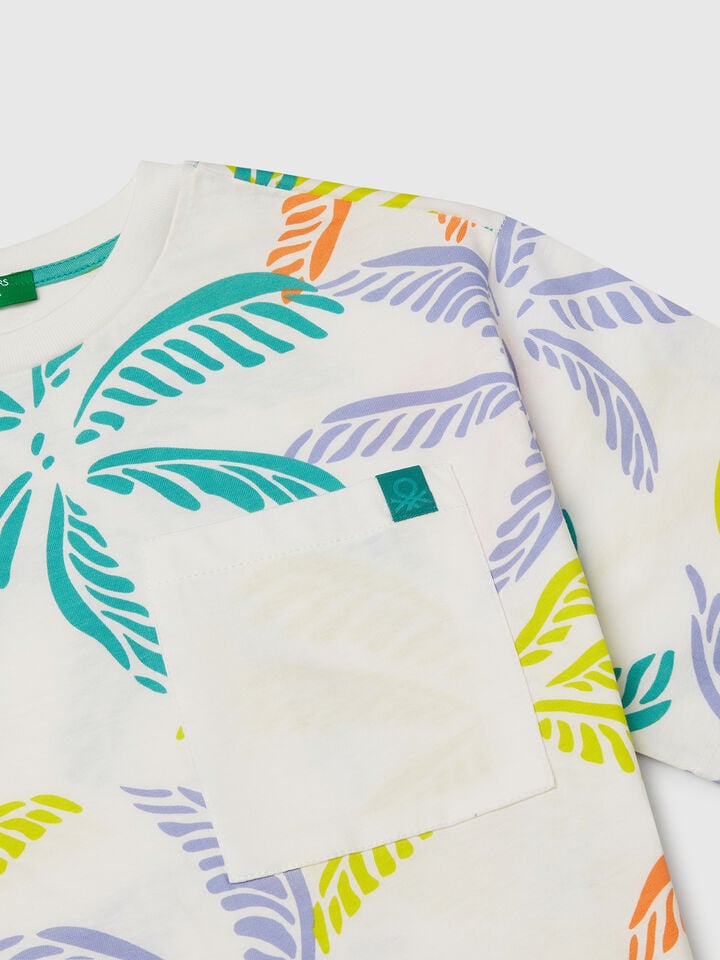 Benetton White T-shirt With Tropical Print Creamy White