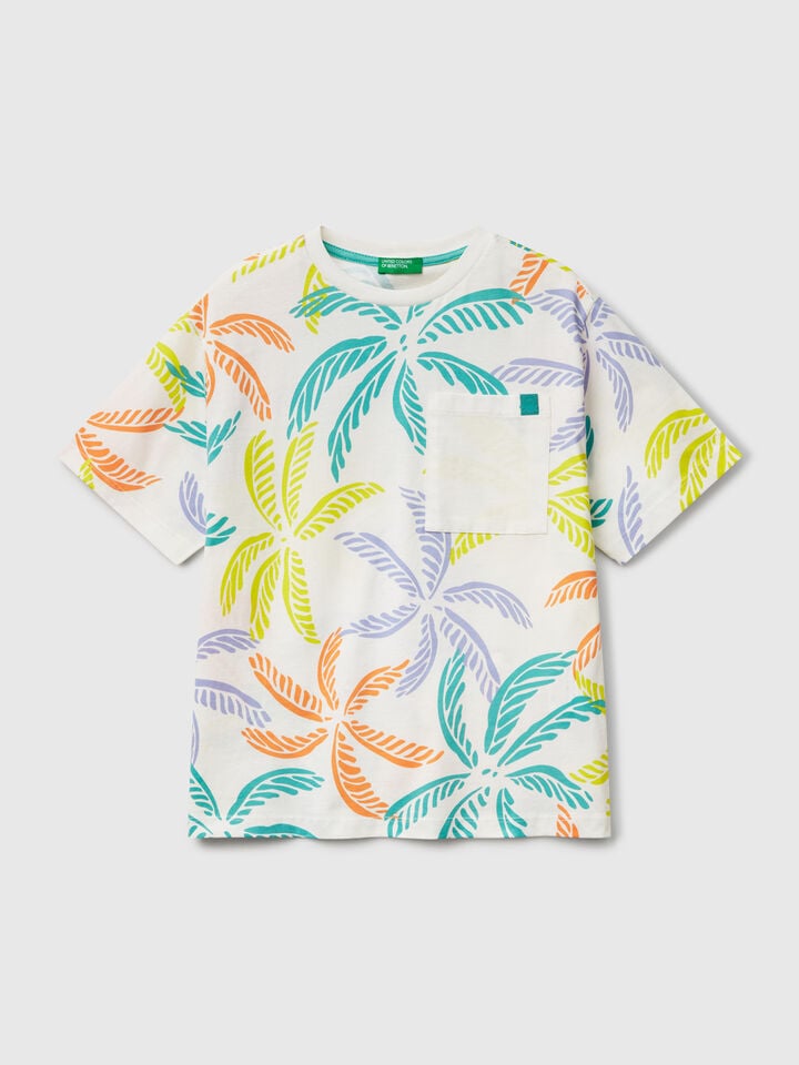 Benetton White T-shirt With Tropical Print Creamy White