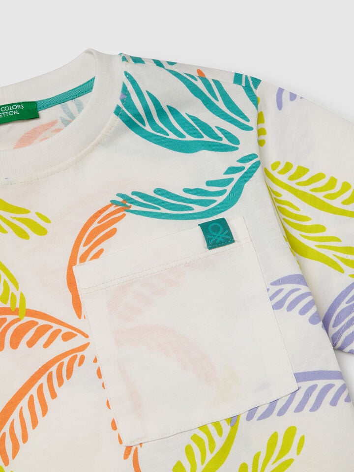 Benetton White T-shirt With Tropical Print Multi-color