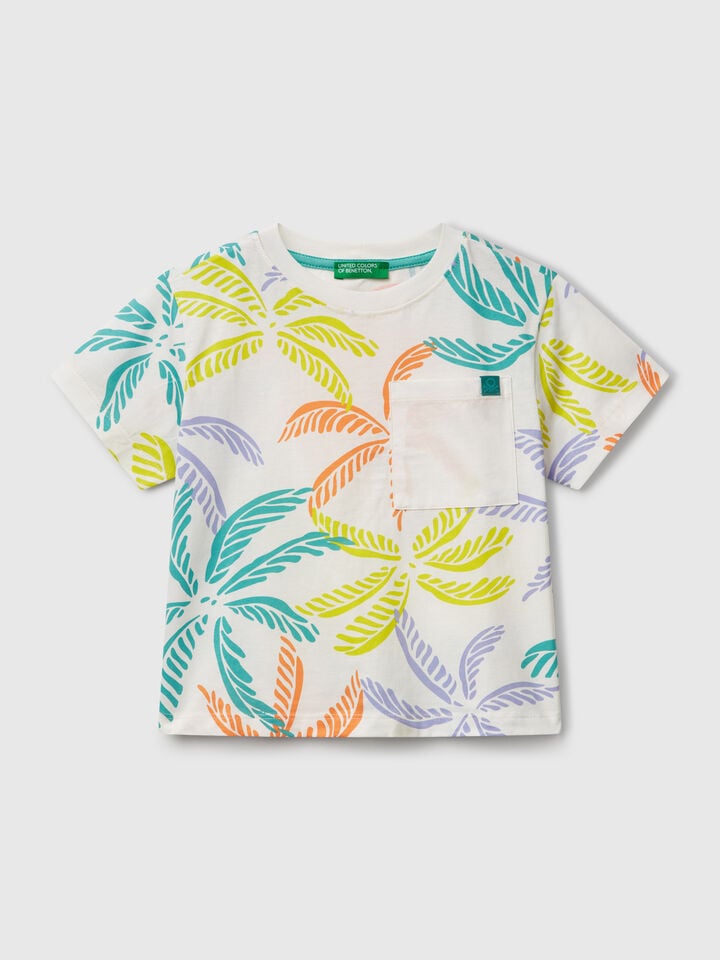 Benetton White T-shirt With Tropical Print Multi-color