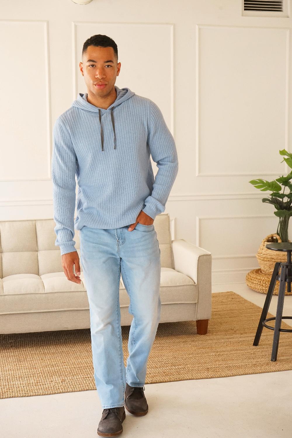 Benson Austin Ribbed Knit Pale Blue Hoodie
