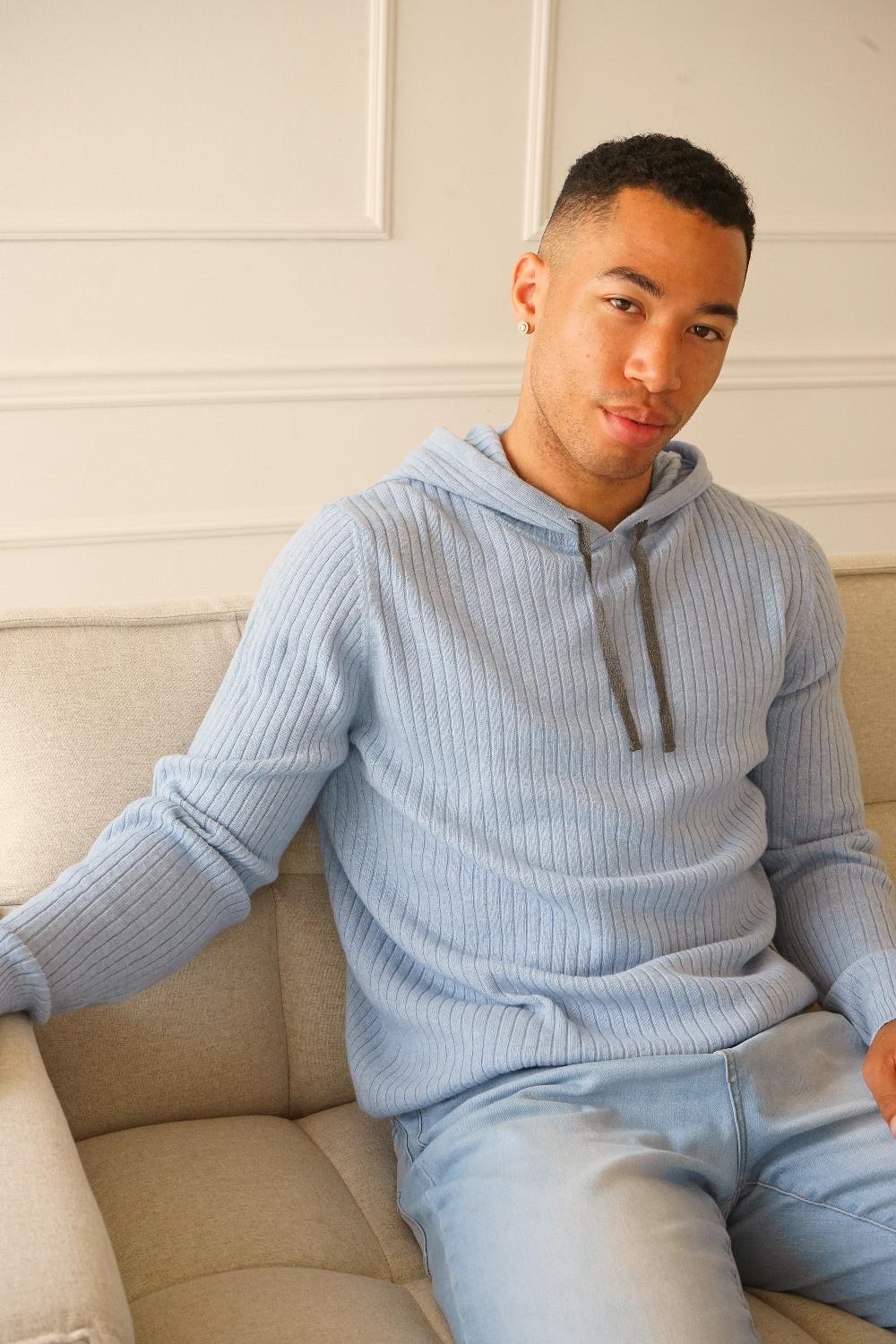 Benson Austin Ribbed Knit Pale Blue Hoodie