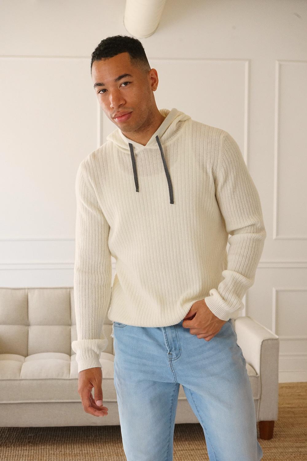 Benson Austin Ribbed Knit White Hoodie