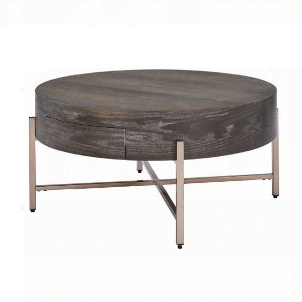 Benzara 1 Drawer Round Modern Coffee Table With Crossed Metal Legs Brown And Gold - BM215037
