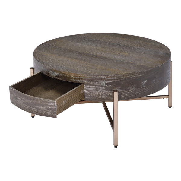 Benzara 1 Drawer Round Modern Coffee Table With Crossed Metal Legs Brown And Gold - BM215037