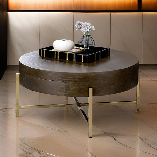 benzara 1 Drawer Round Modern Coffee Table with Crossed Metal Legs Brown and Gold - BM215037