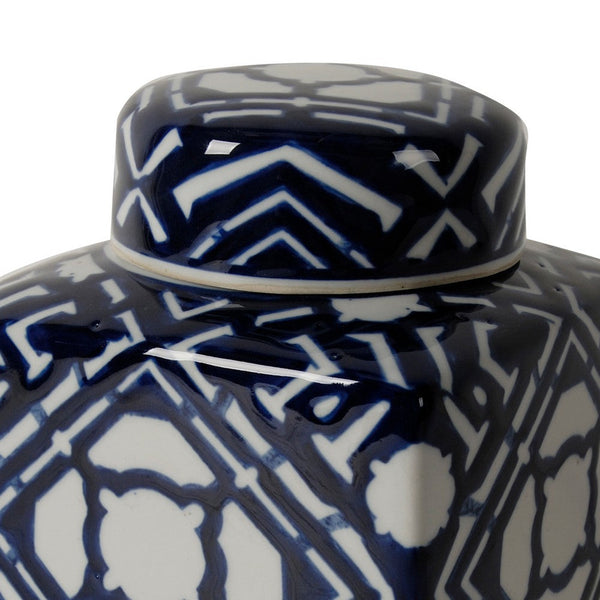Benzara 10 Inch Lidded Jar Porcelain Construction Deep Blue Graphic Trellis - BM285534