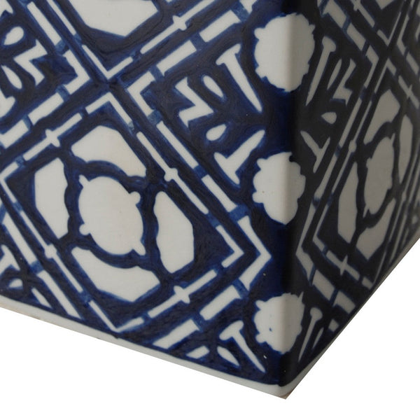 Benzara 10 Inch Lidded Jar Porcelain Construction Deep Blue Graphic Trellis - BM285534