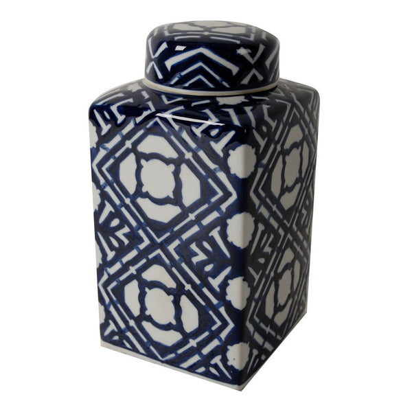 benzara 10 Inch Lidded Jar Porcelain Construction Deep Blue Graphic Trellis - BM285534