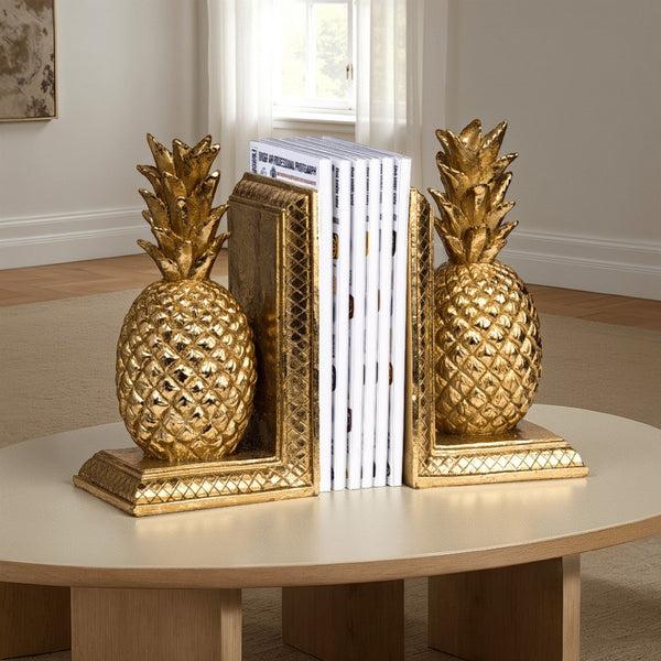 benzara 10 Inch Modern Bookends Pineapple Decorative Statuette Gold Resin - BM285570