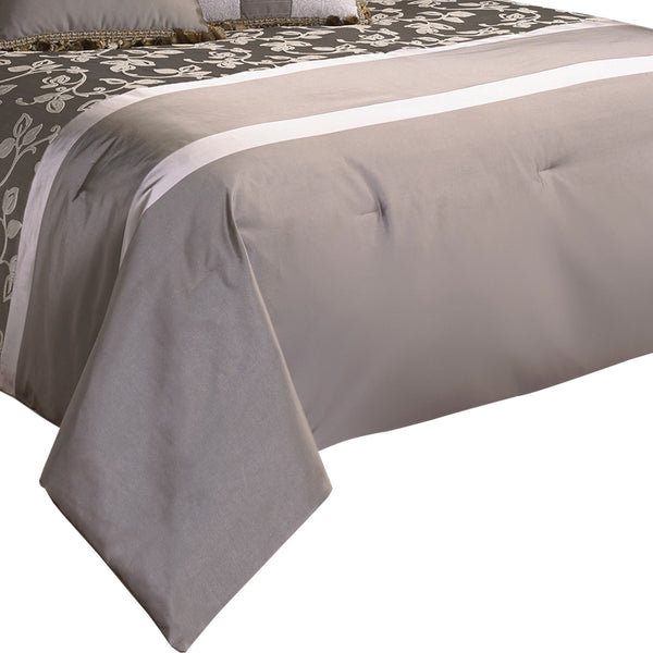 Benzara 10 Piece King Polyester Comforter Set With Leaf Print Platinum Gray - BM225167