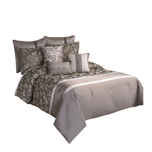 benzara 10 Piece King Polyester Comforter Set with Leaf Print Platinum Gray - BM225167
