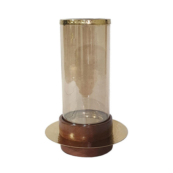 Benzara 11 Inch Glass Hurricane Candle Holder Acacia Wood Small Gold FInish - BM284962