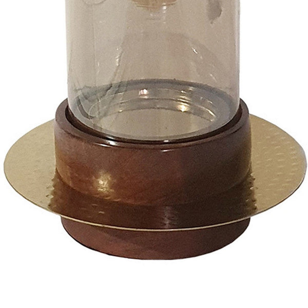 Benzara 11 Inch Glass Hurricane Candle Holder Acacia Wood Small Gold FInish - BM284962