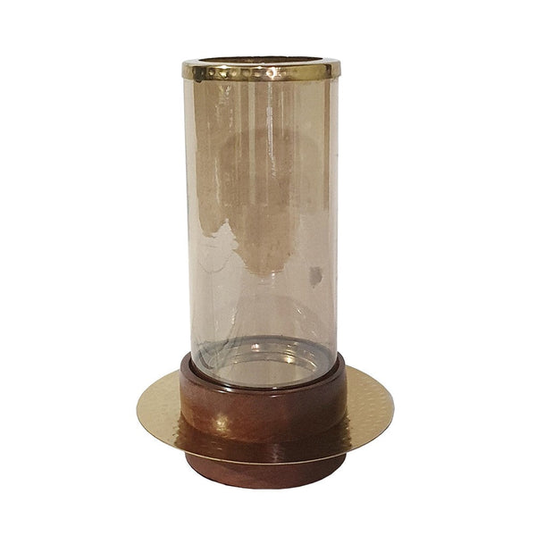 benzara 11 Inch Glass Hurricane Candle Holder Acacia Wood Small Gold FInish - BM284962
