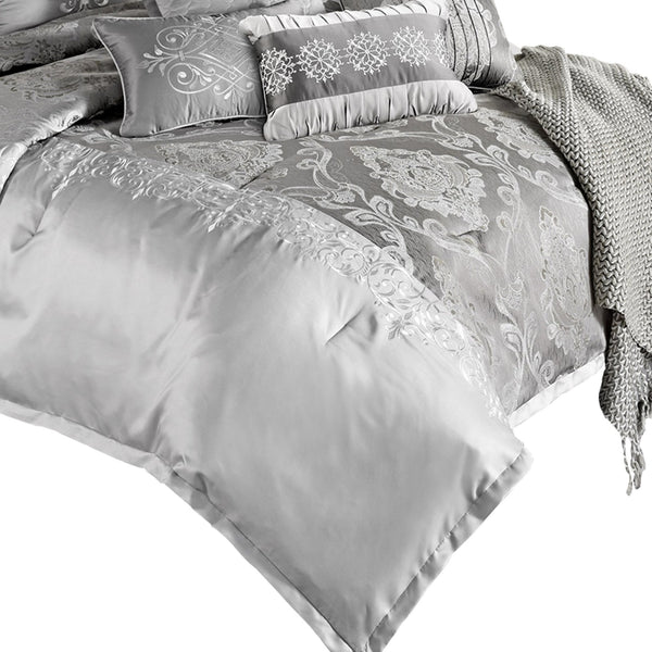 Benzara 12 Piece Queen Polyester Comforter Set With Medallion Print Platinum Gray - BM225174