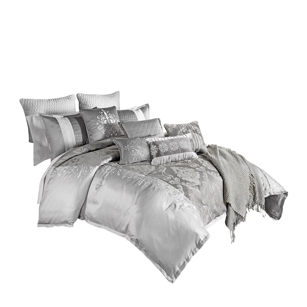 benzara 12 Piece Queen Polyester Comforter Set with Medallion Print Platinum Gray - BM225174