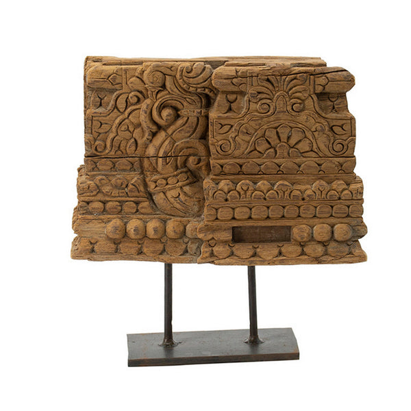 Benzara 13 Inch Decorative Carved Tabletop Sculpture Brown Wood Black Metal Base - BM302678