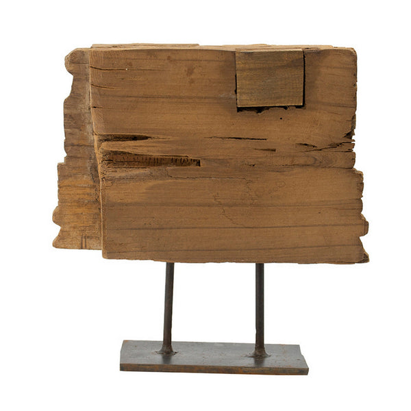 Benzara 13 Inch Decorative Carved Tabletop Sculpture Brown Wood Black Metal Base - BM302678