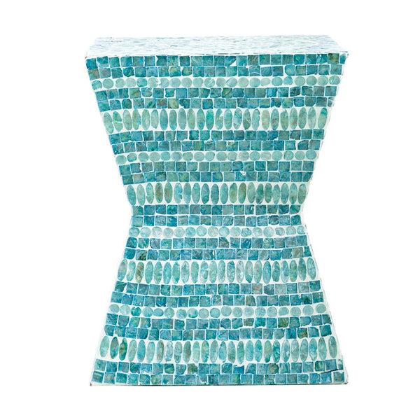 Benzara 14 Inch Capiz Accent Table Stool Blue Mosaic Geometric Hourglass Shape - BM284712